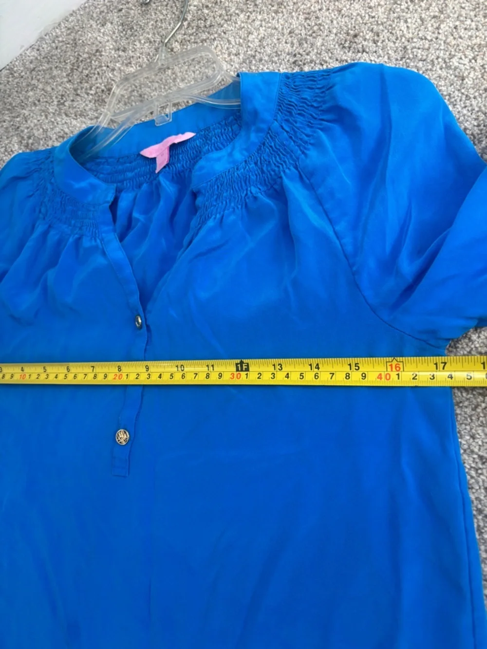 Lilly Pulitzer Elsa Silk Top Popover Smocked Gold Buttons Teal Size XS - Picture 8 of 9
